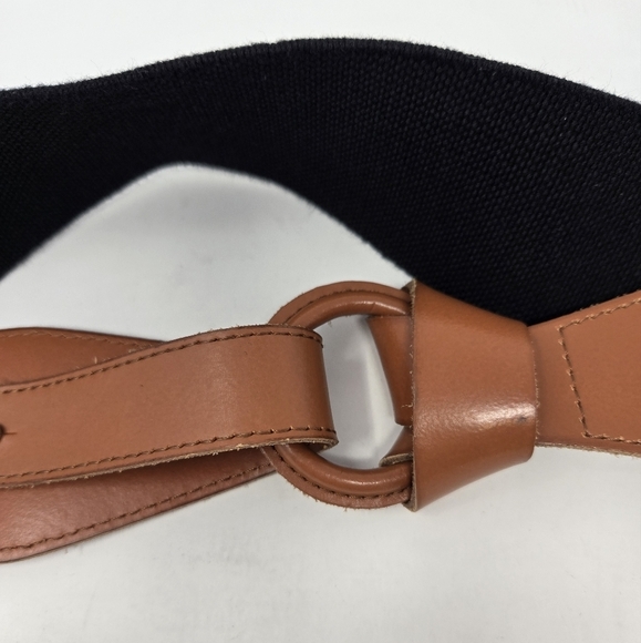 LP BY LINEA PELLE COGNAC BROWN LEATHER & BLACK STRETCH FOLD OVER BELT WOMEN M - Picture 6 of 15